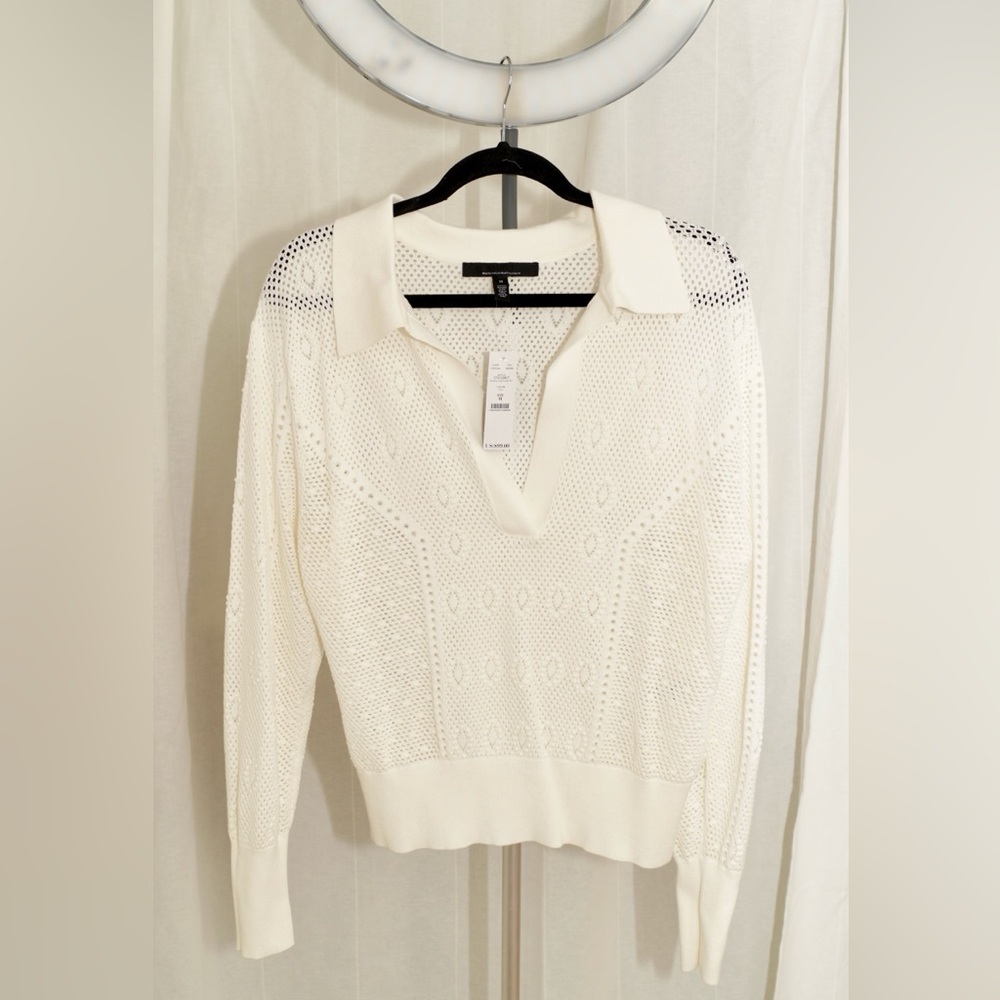White House Black Market Cream Knit Openwork Polo Sweater